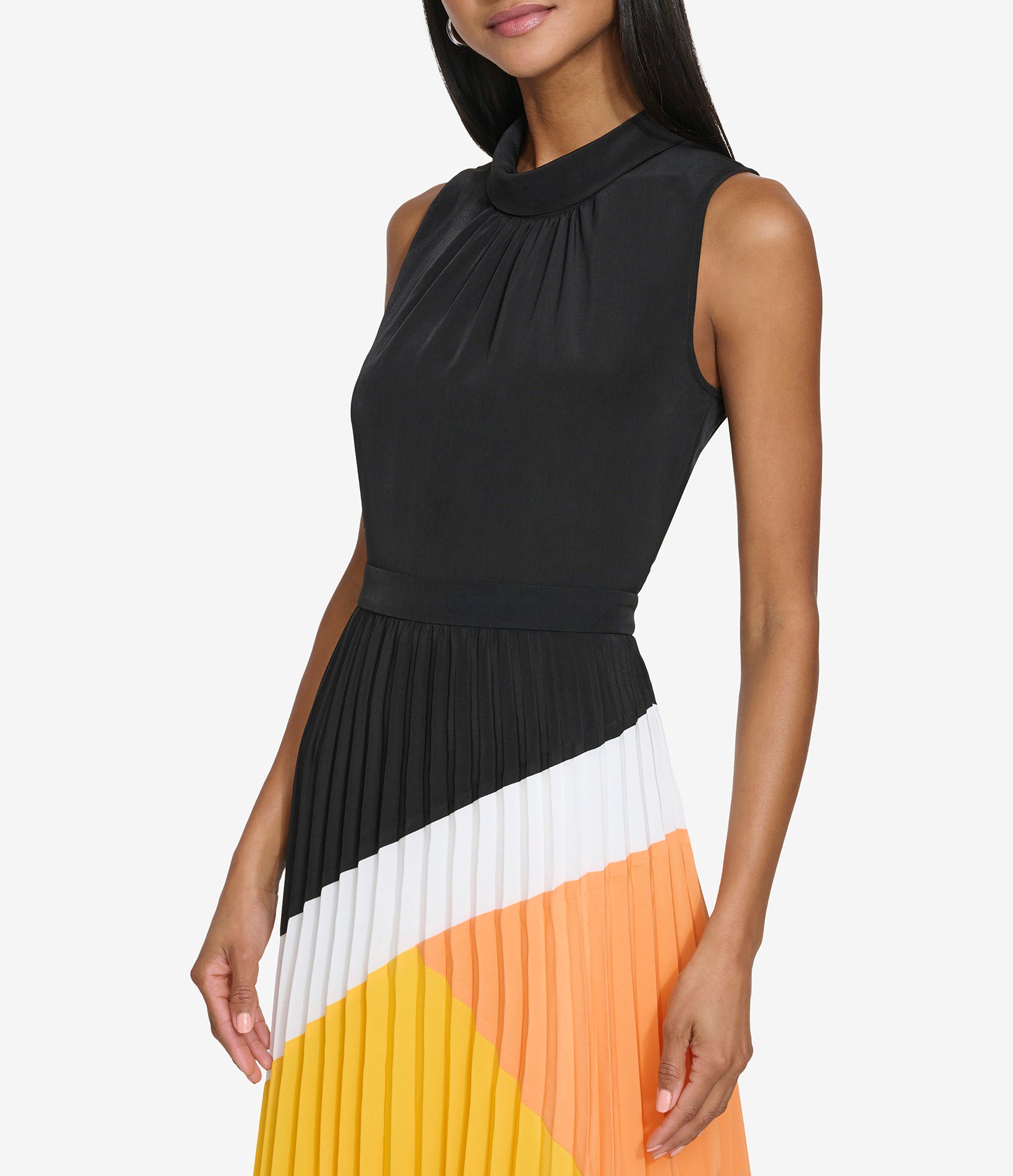 SILKY CREPE PLEATED COLORBLOCK DRESS