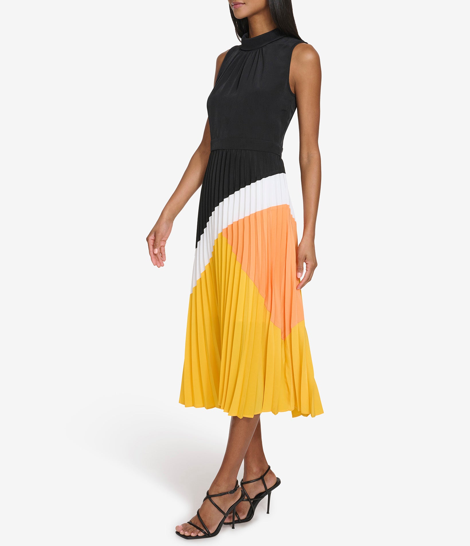 SILKY CREPE PLEATED COLORBLOCK DRESS