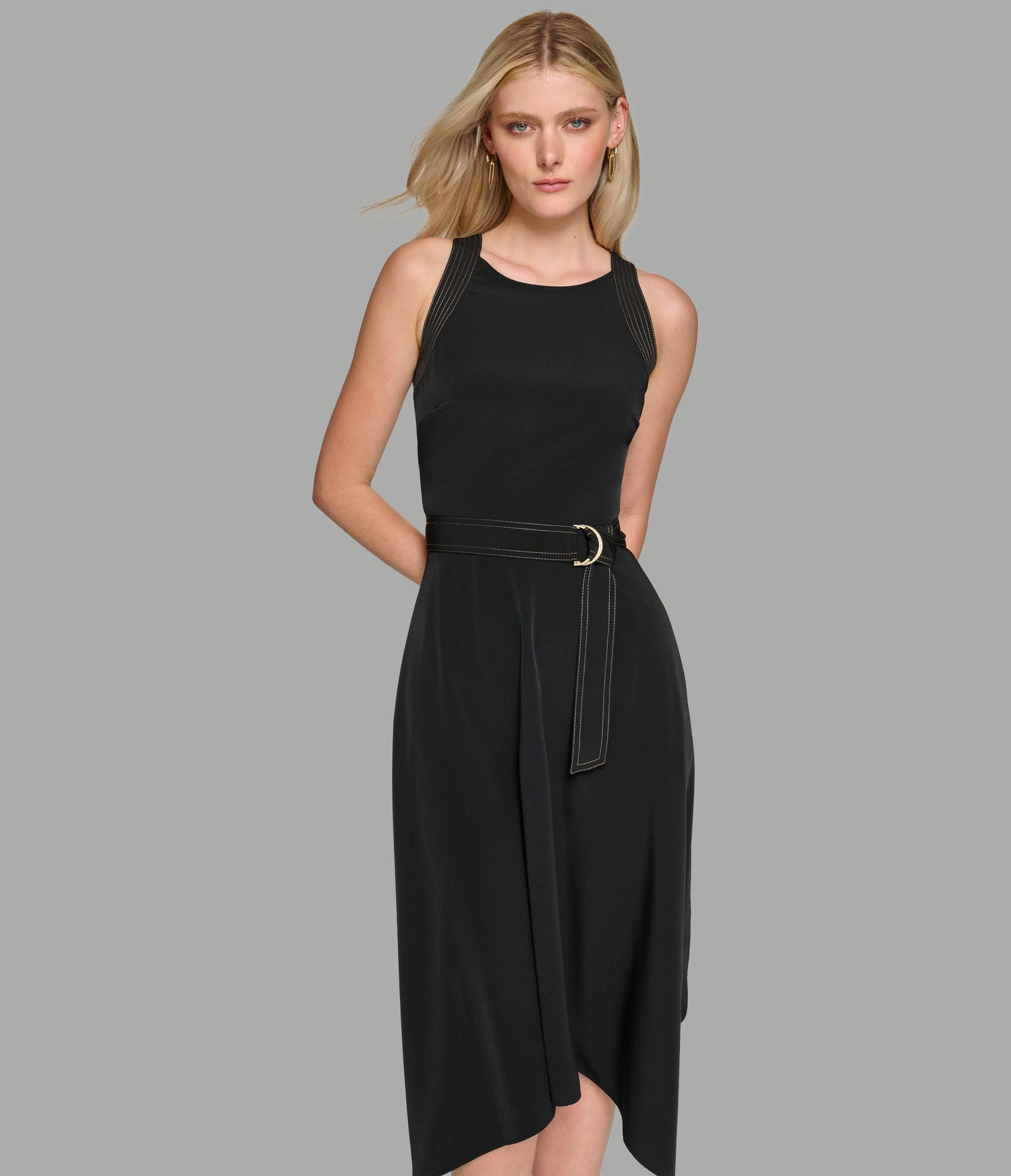 SLEEVELESS ASYMMETRIC HEM MIDI DRESS