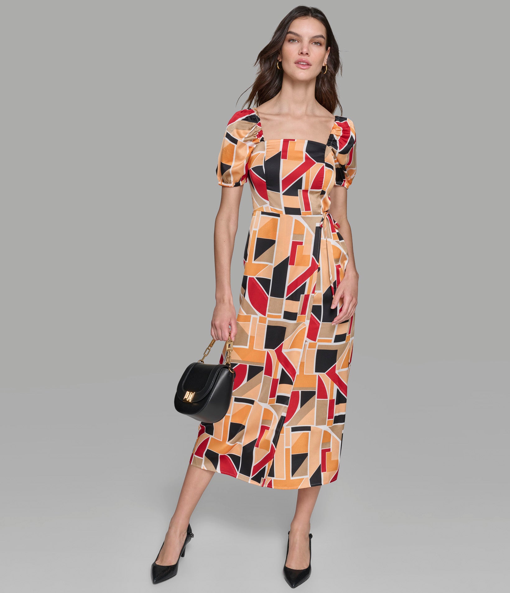 PUFF SLEEVE WRAP MIDI DRESS | Karl Lagerfeld Paris