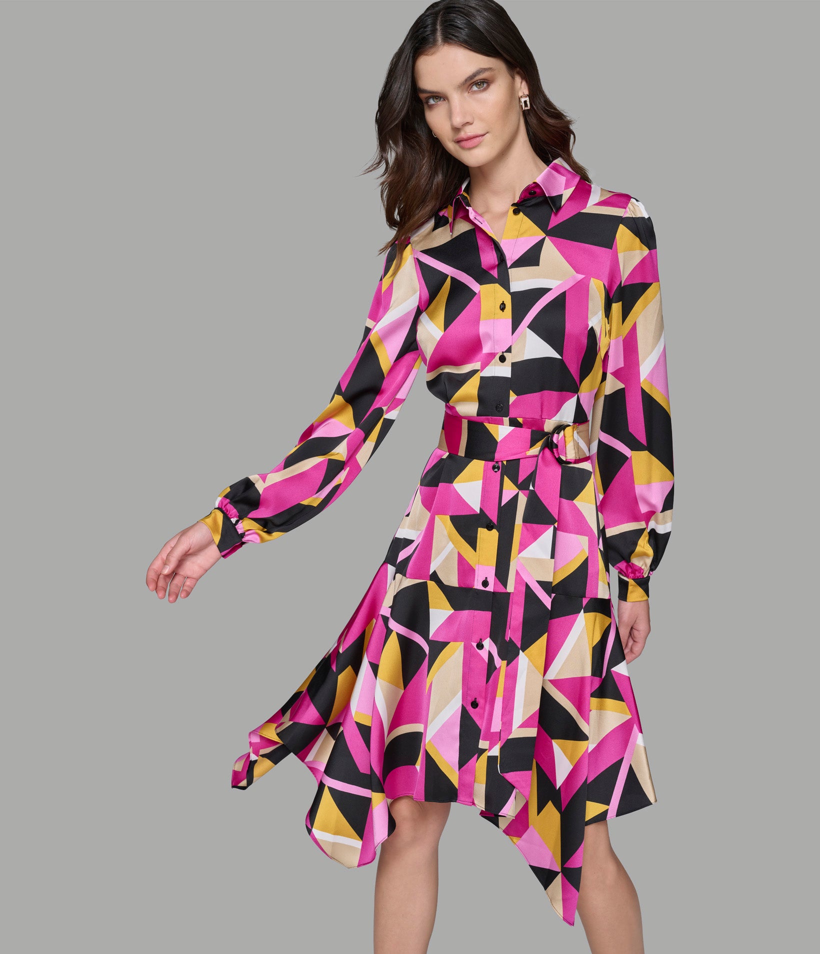 PRINTED SHIRT DRESS WITH HANKY HEM