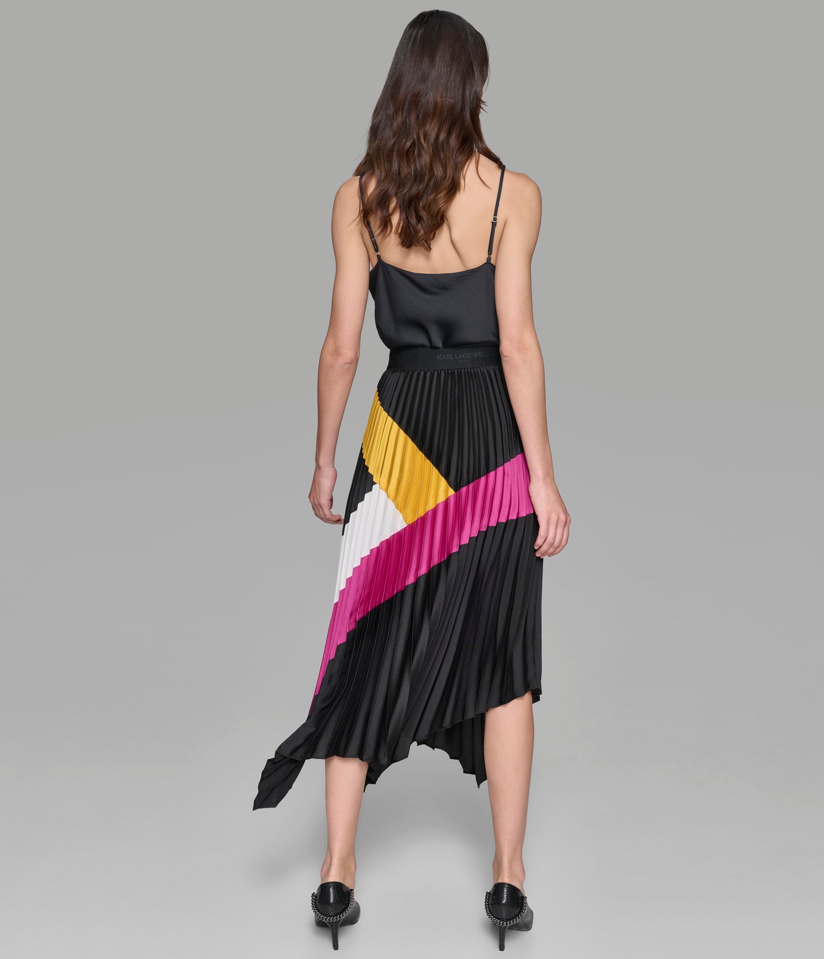 SILKY CREPE COLORBLOCK PLEATED SKIRT