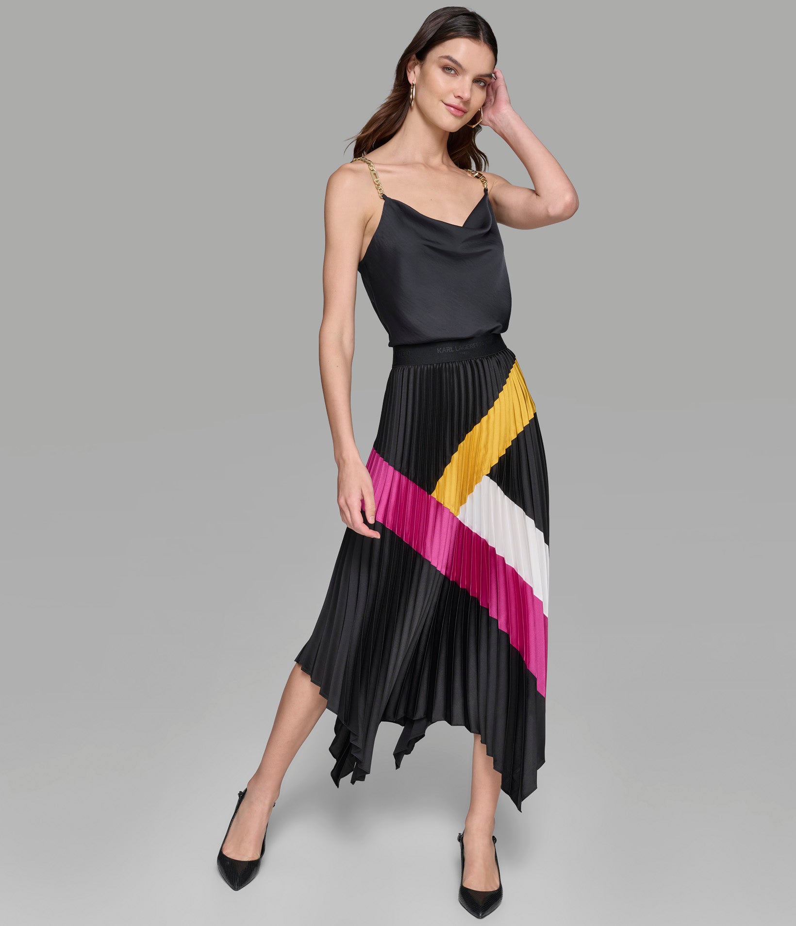 SILKY CREPE COLORBLOCK PLEATED SKIRT