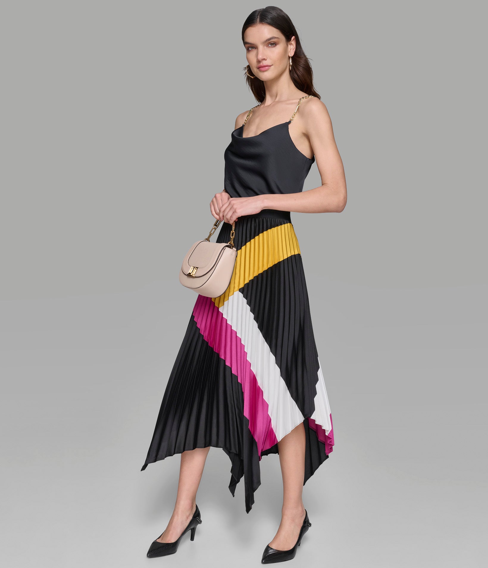 SILKY CREPE COLORBLOCK PLEATED SKIRT