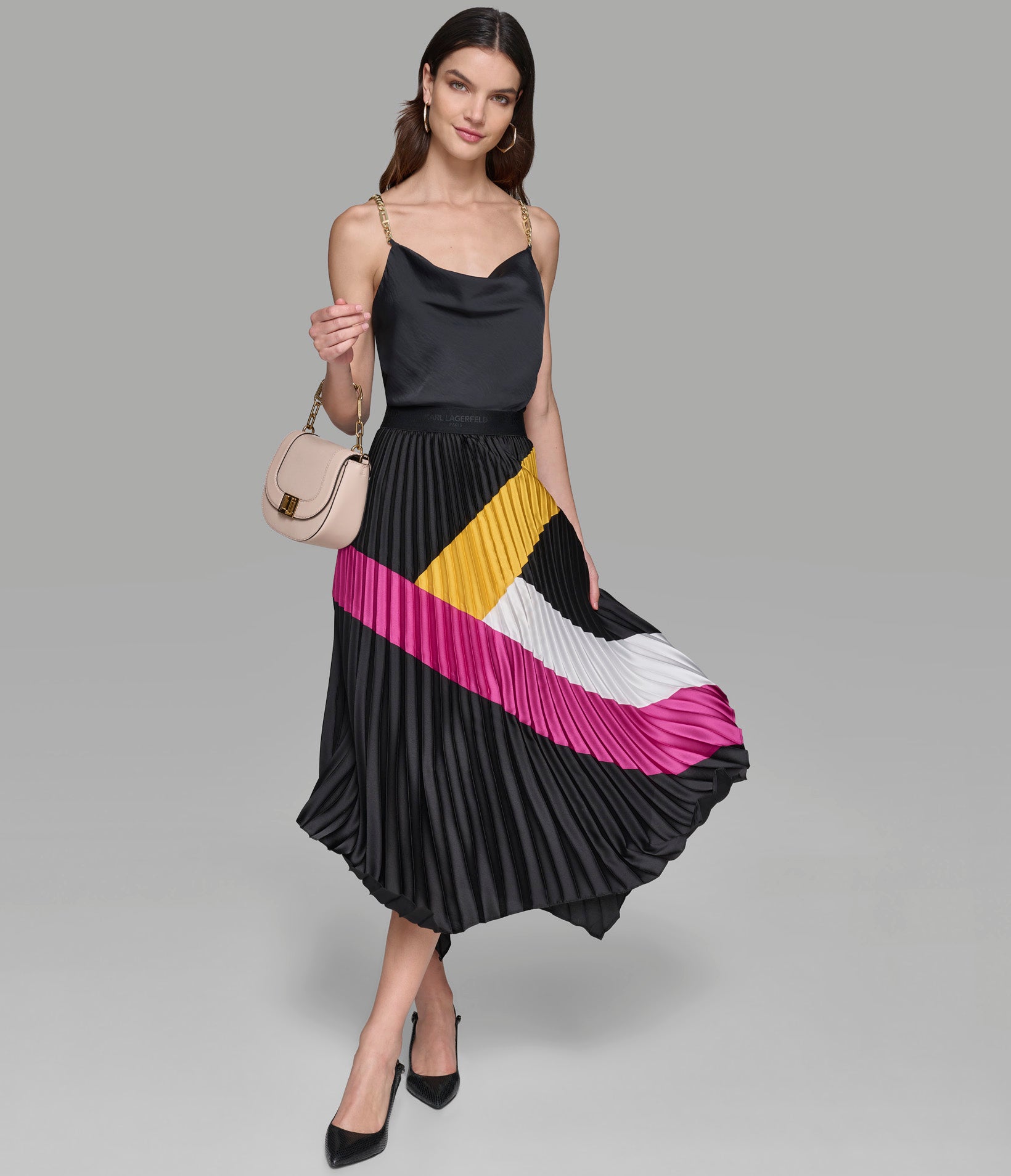 SILKY CREPE COLORBLOCK PLEATED SKIRT