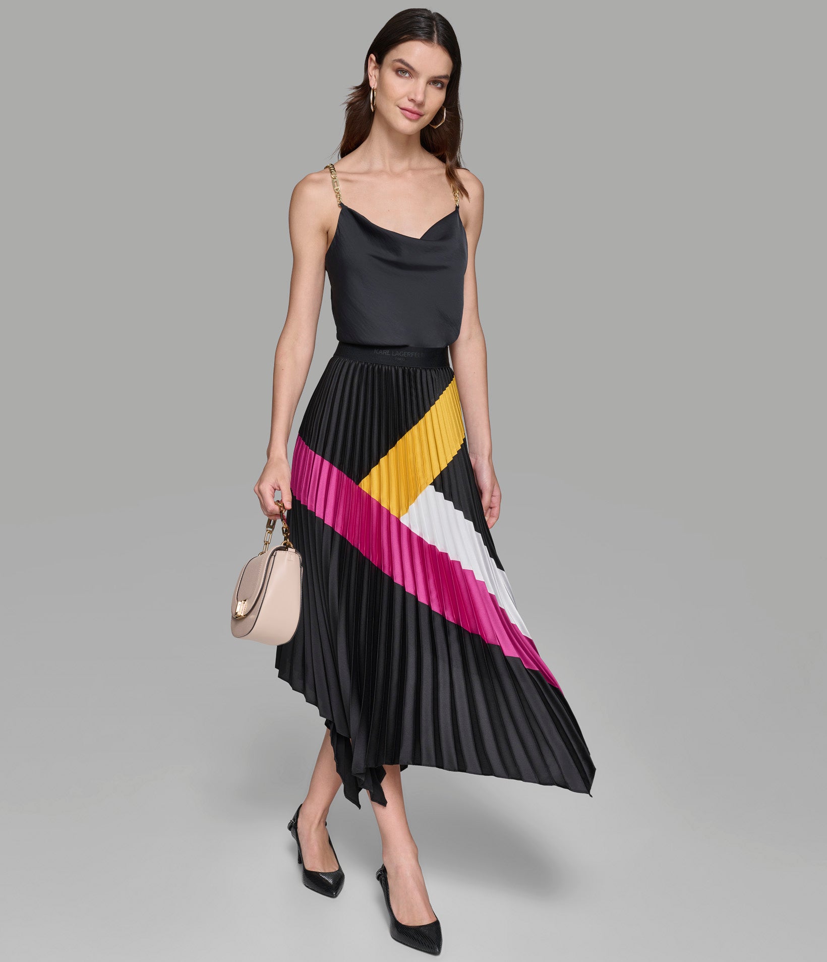 SILKY CREPE COLORBLOCK PLEATED SKIRT