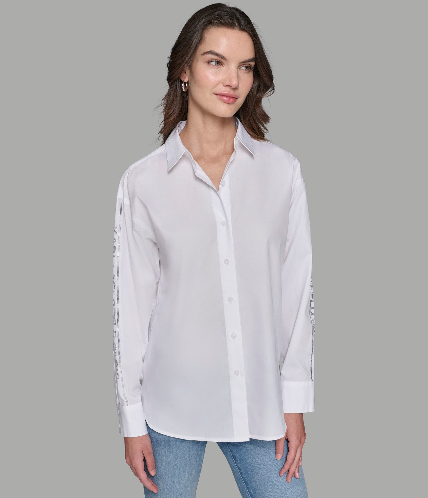 RHINESTONE LOGO TAPE POPLIN SHIRT