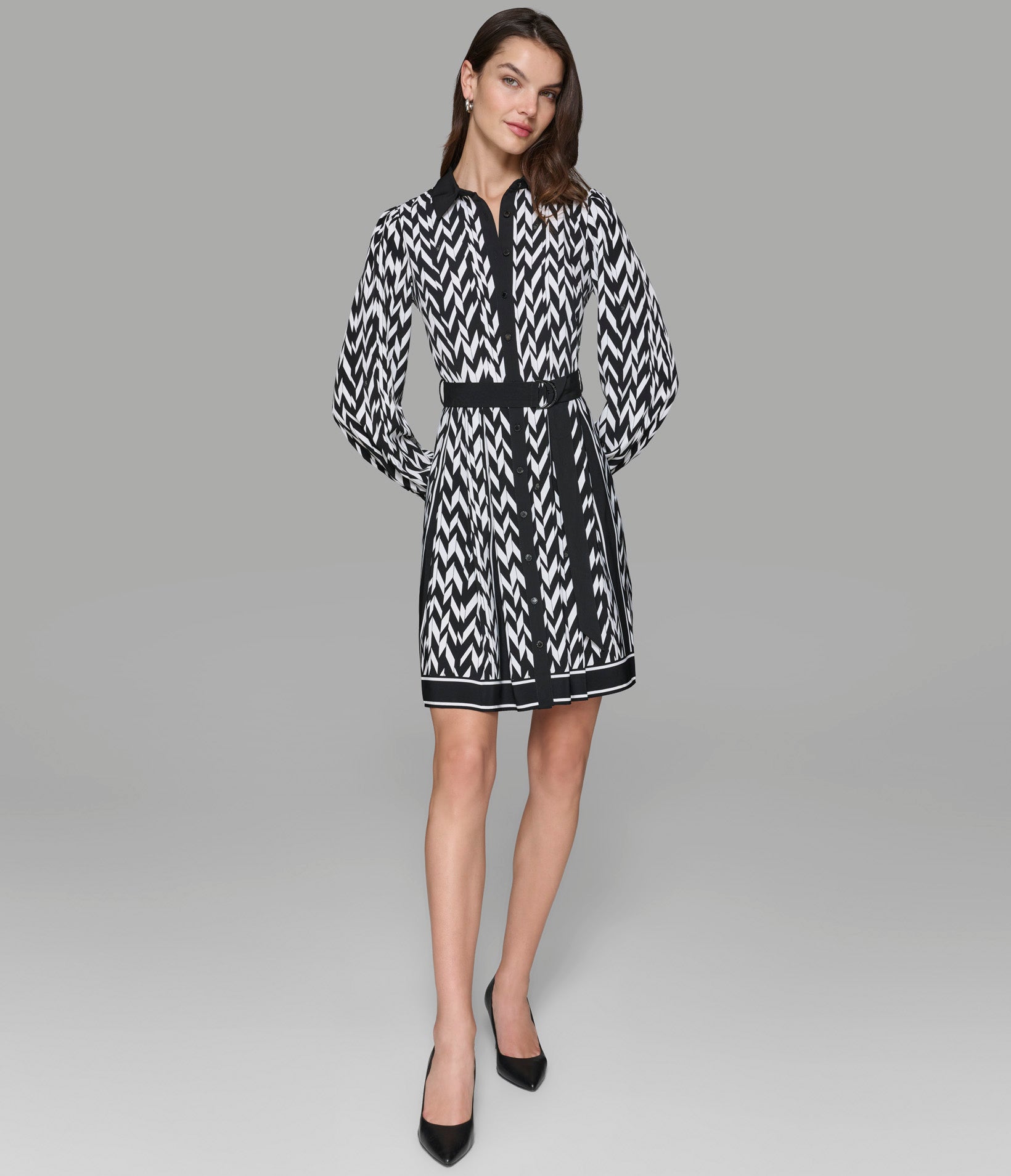 HERRINGBONE BELTED SHIRT DRESS