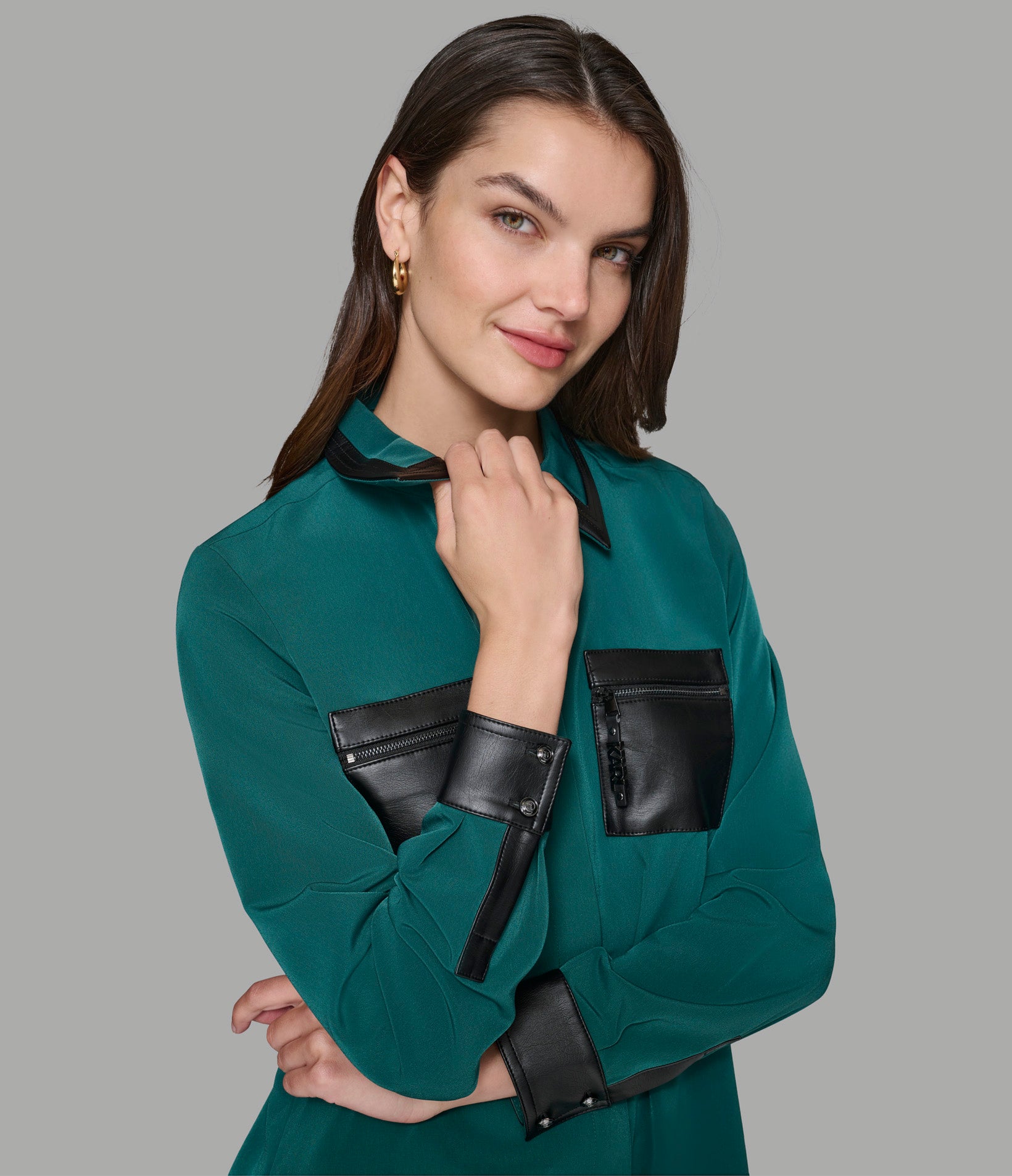 BUTTON UP BLOUSE WITH FAUX LEATHER TRIM