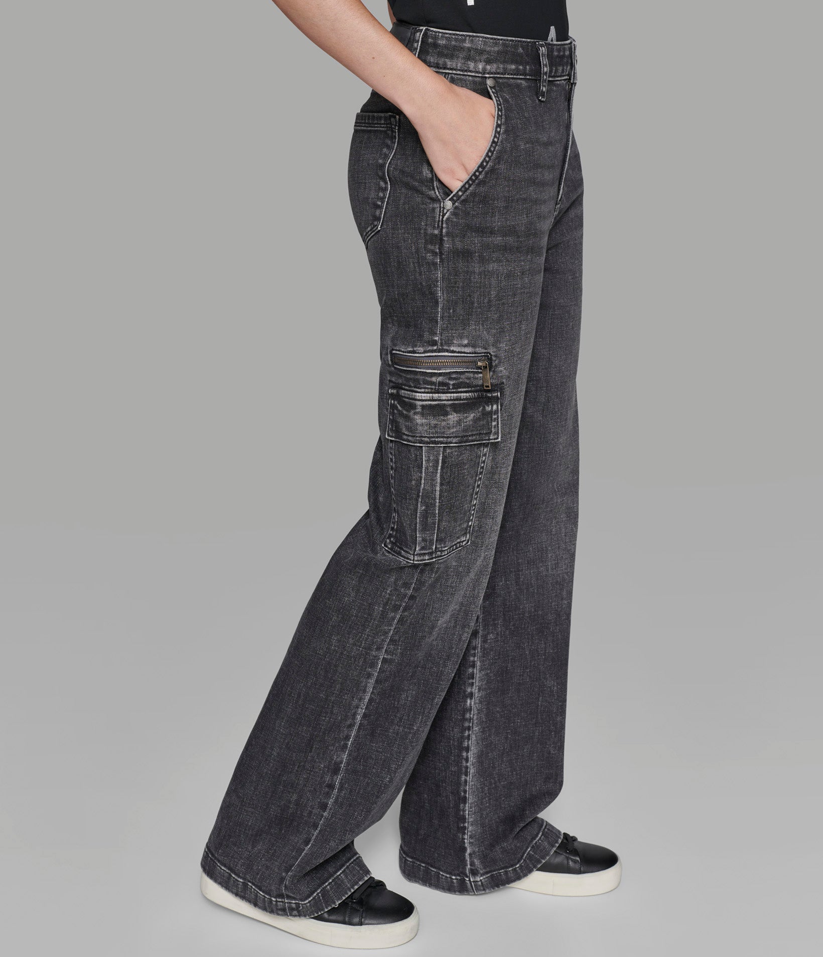 STRAIGHT LEG CARGO WASHED BLACK DENIM JEANS