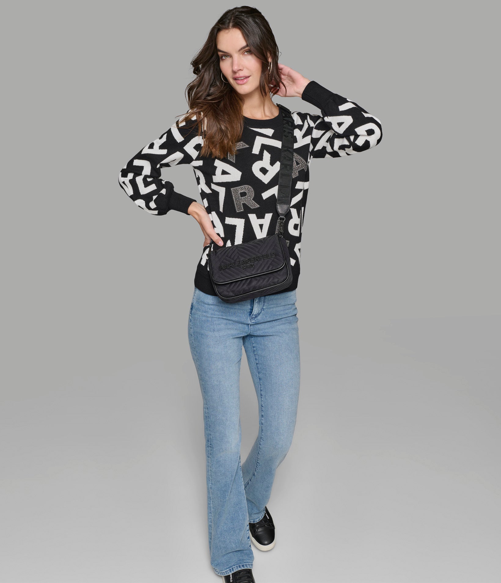 ICONIC LOGO EMBELLISHED PUFF SLEEVE SWEATER