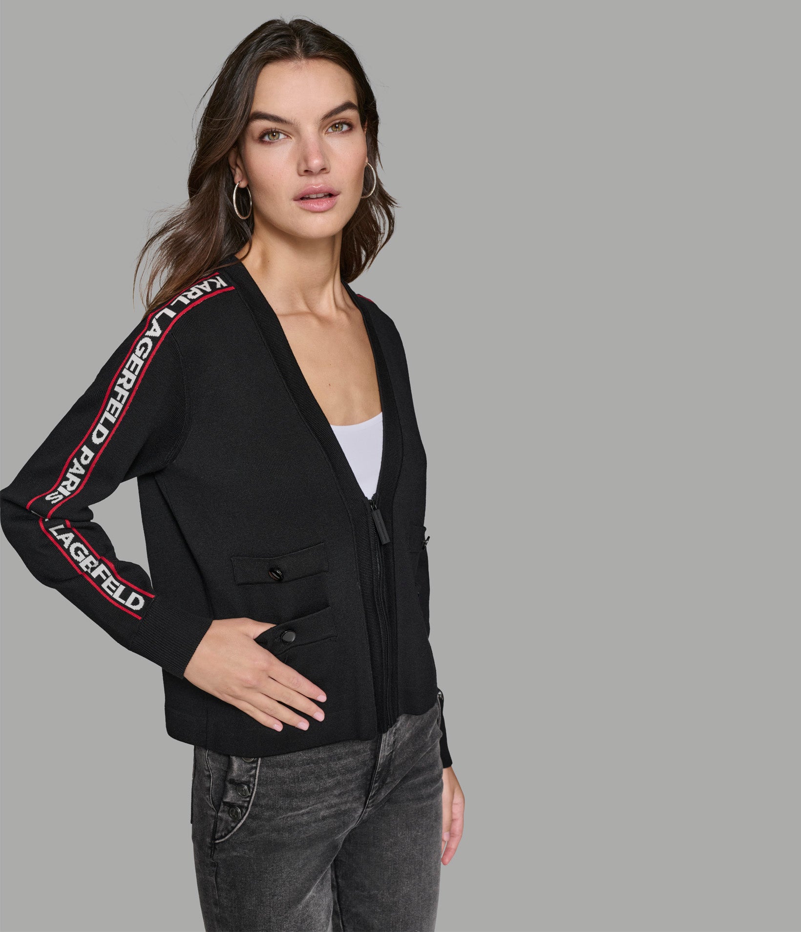 ZIP FRONT CARDIGAN WITH LOGO TAPING