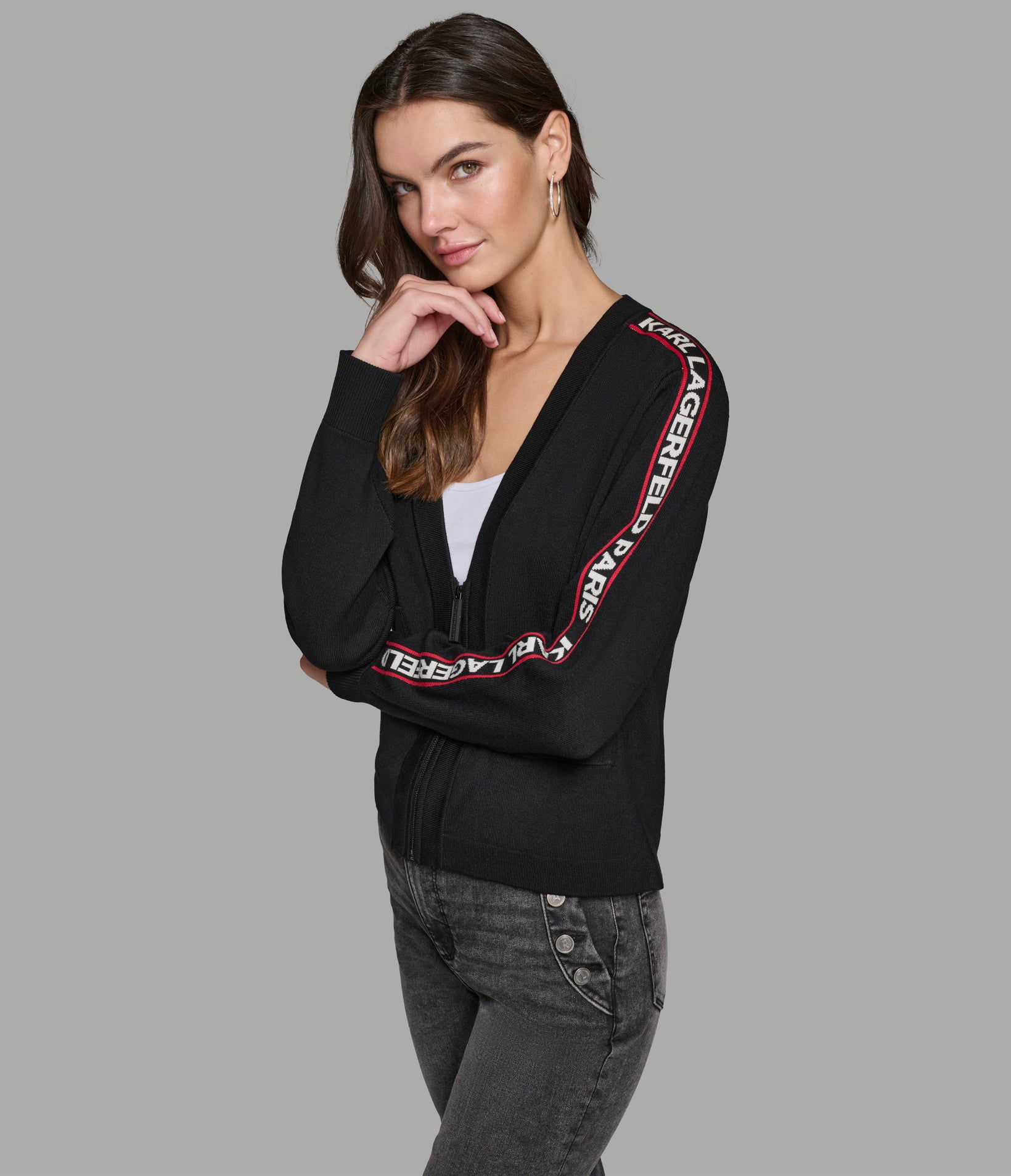 ZIP FRONT CARDIGAN WITH LOGO TAPING