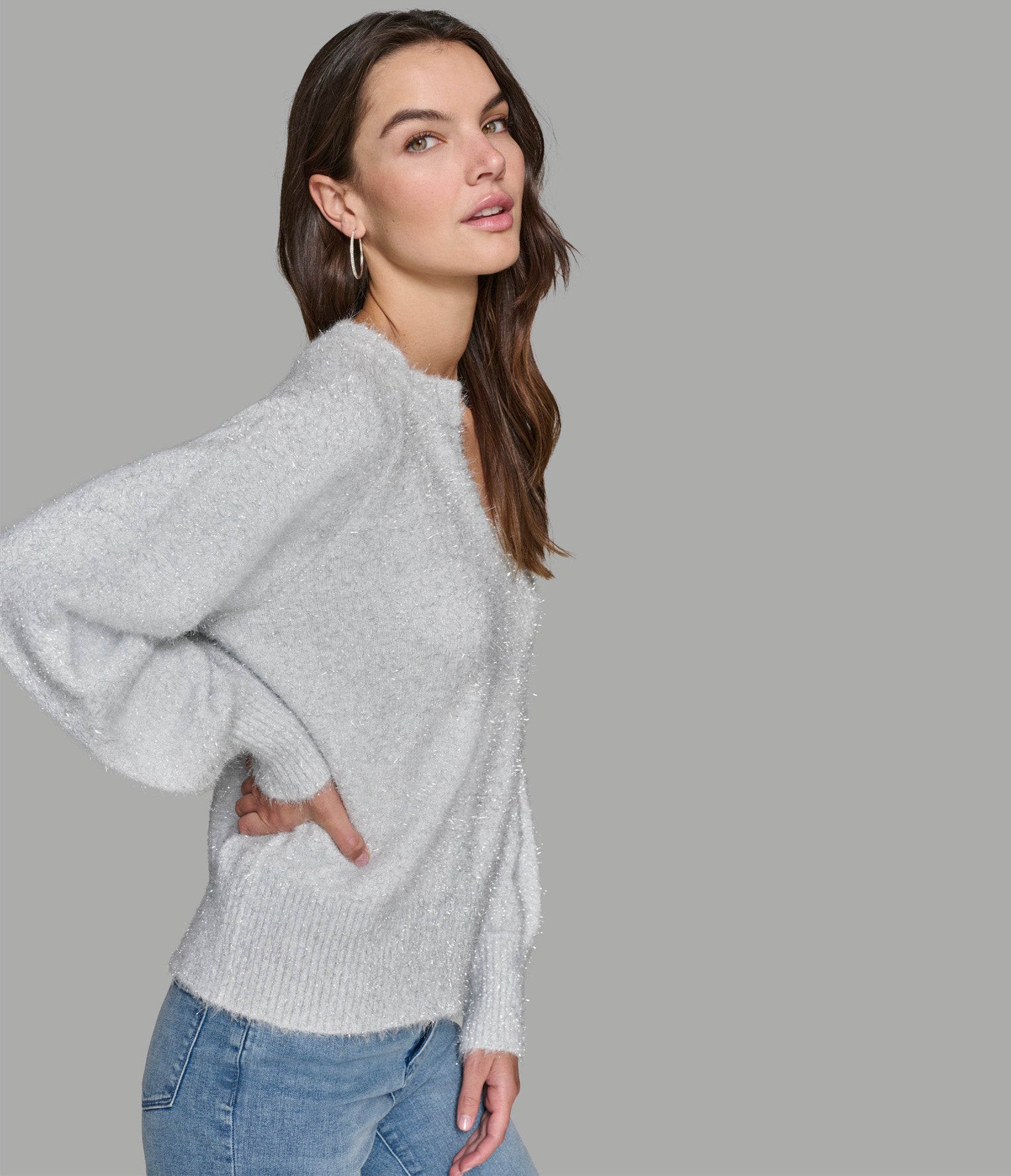 SPLIT NECK LUREX EYELASH SWEATER