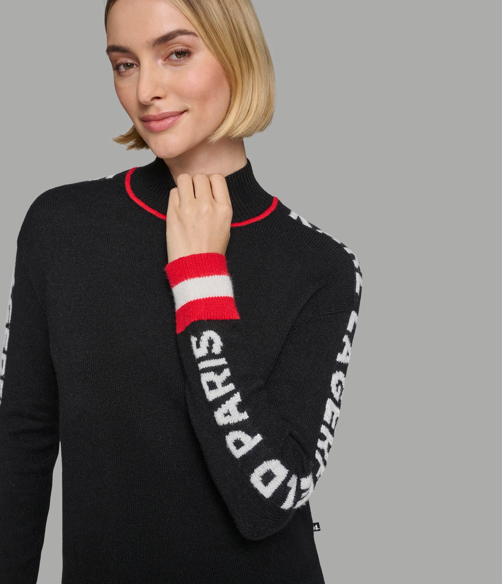 MOCK NECK SWEATER W RED TRIM AND LOGO TAPING