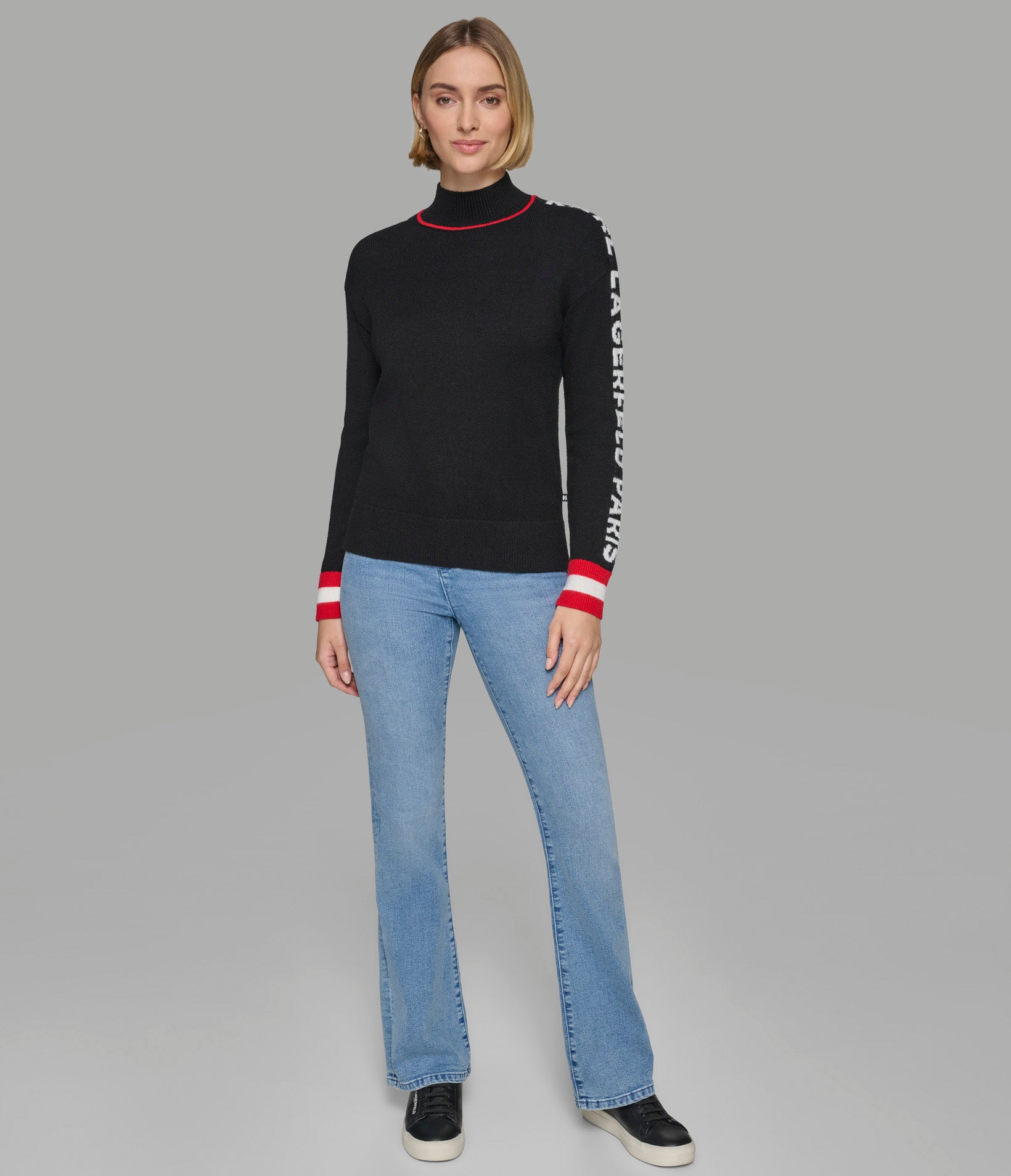 MOCK NECK SWEATER W RED TRIM AND LOGO TAPING