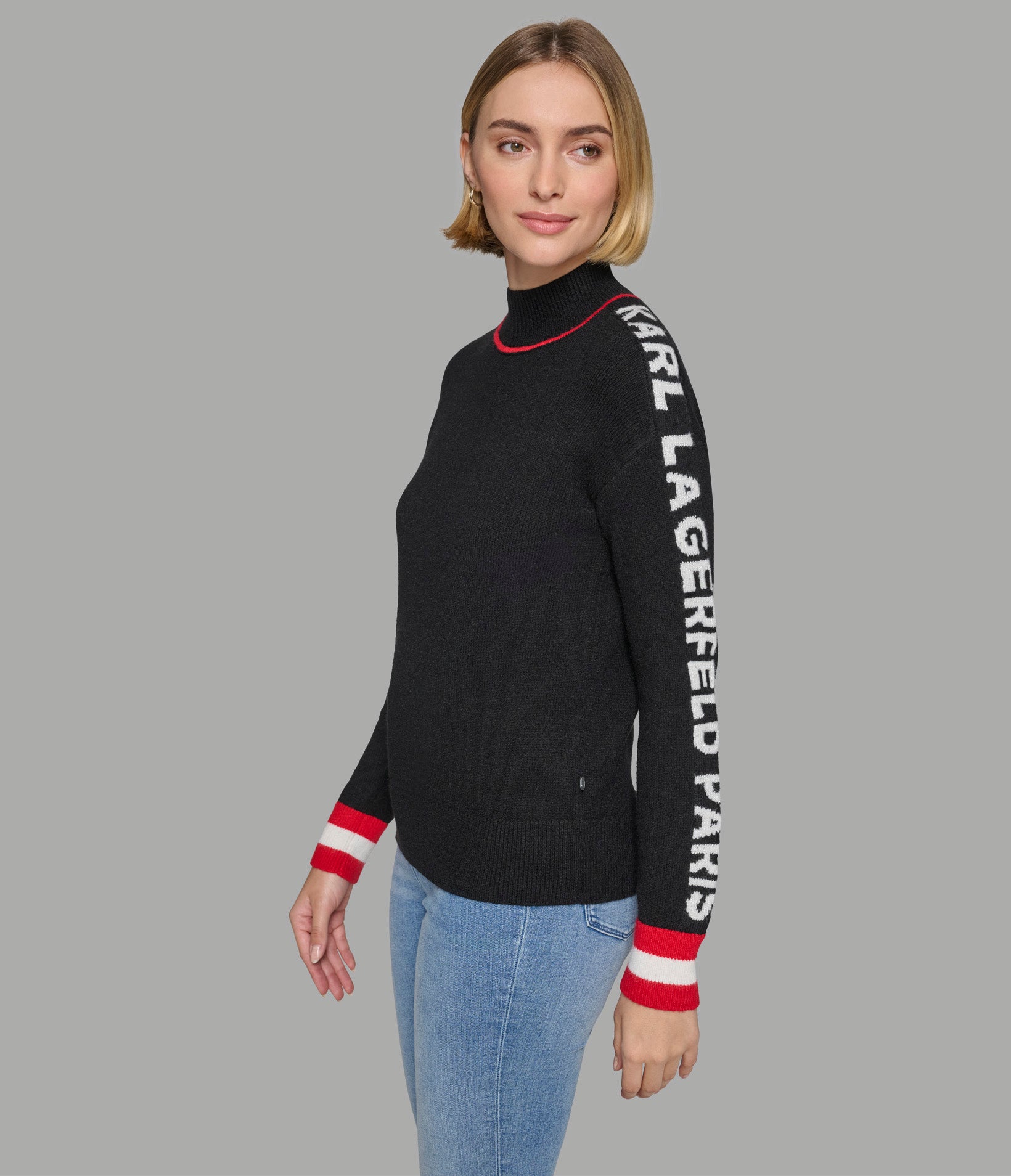 MOCK NECK SWEATER W RED TRIM AND LOGO TAPING