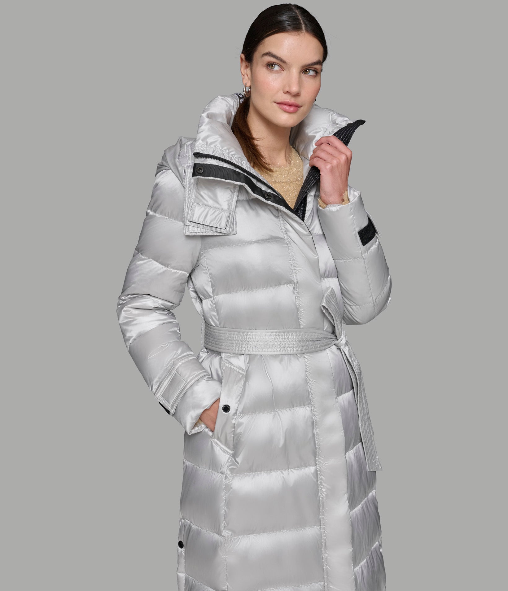 CONTRAST MAXI BELTED LONG PUFFER