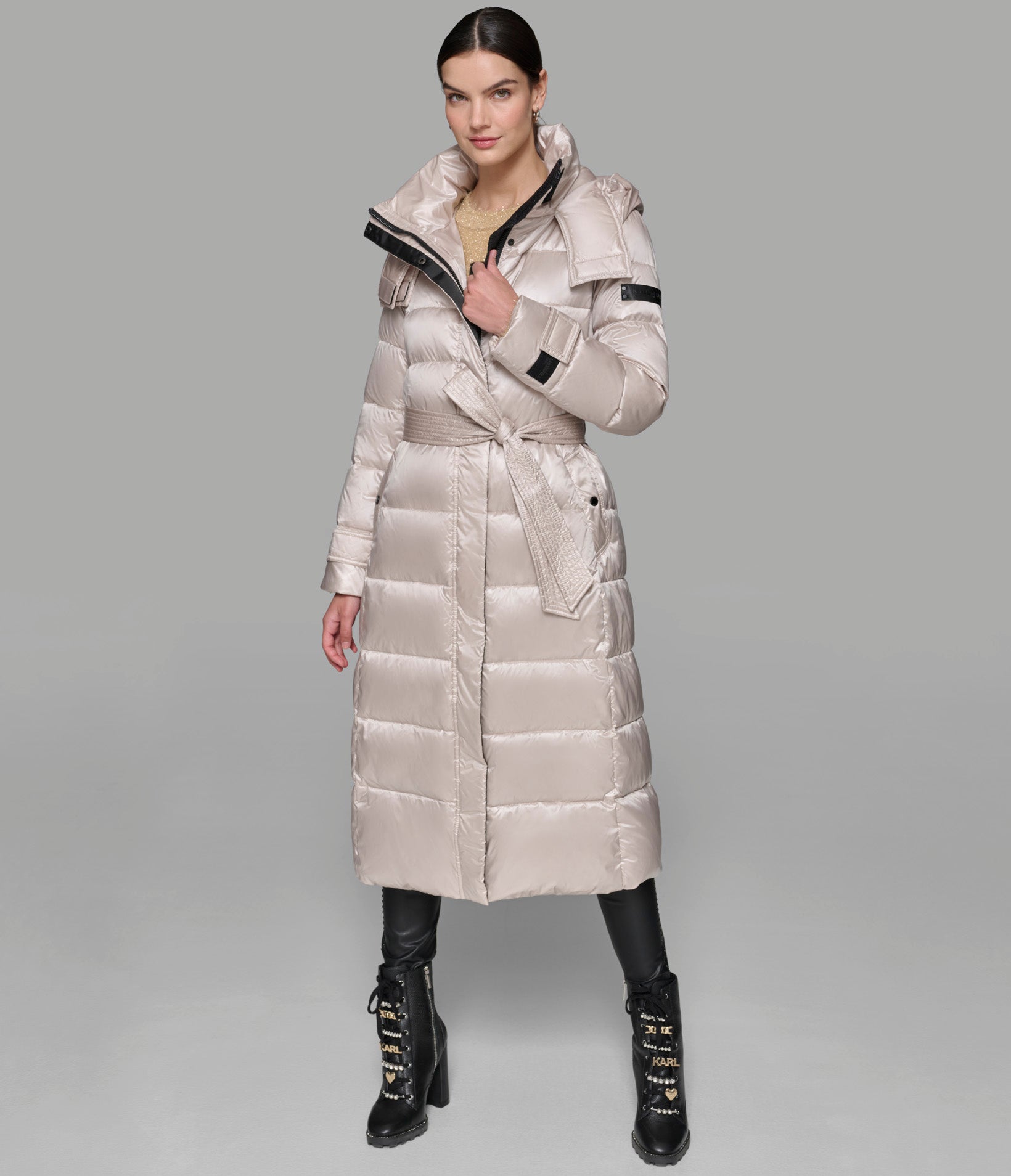 CONTRAST MAXI BELTED LONG PUFFER