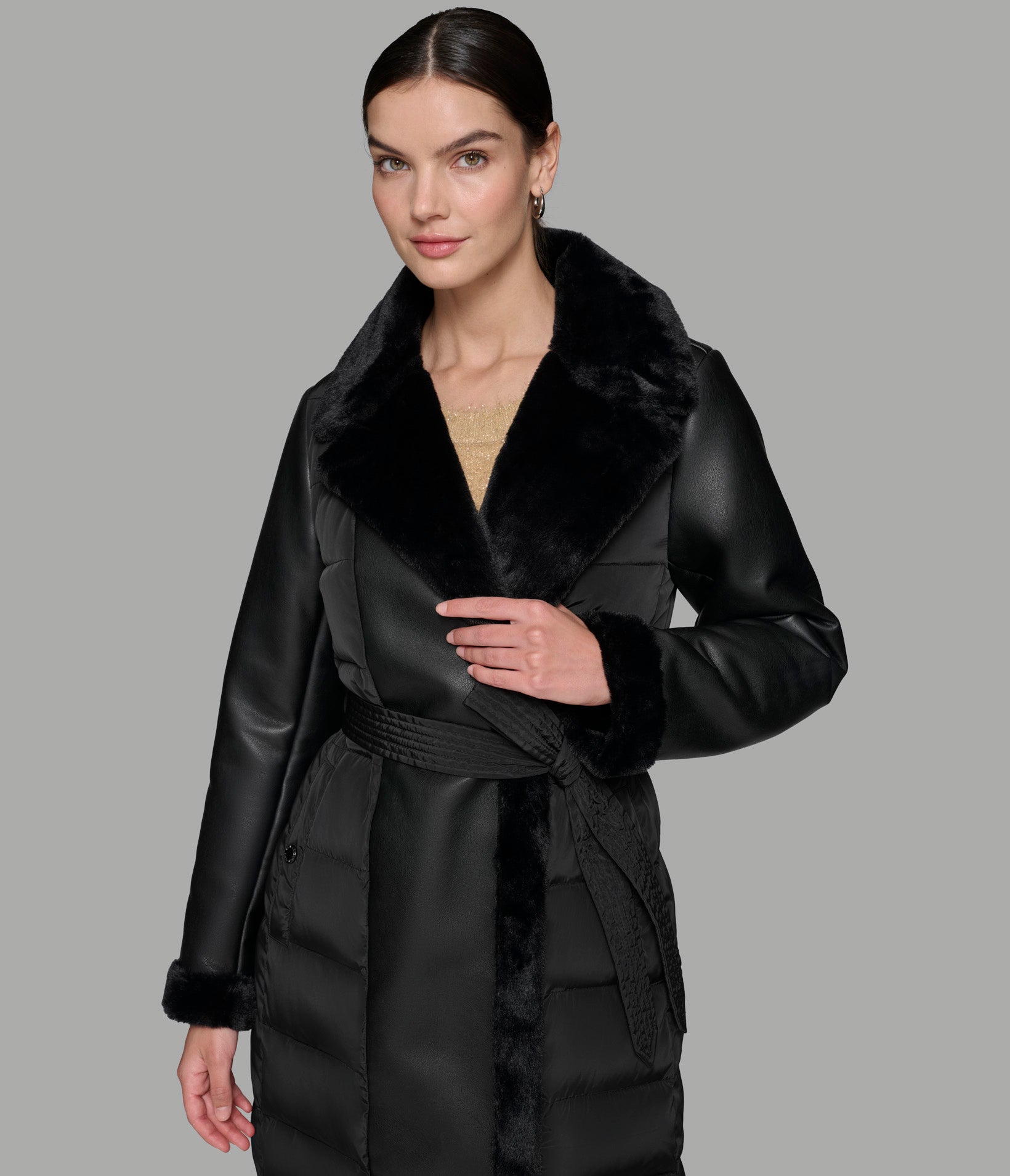 MIXED MEDIA MAXI BELTED PUFFER WITH FAUX FUR