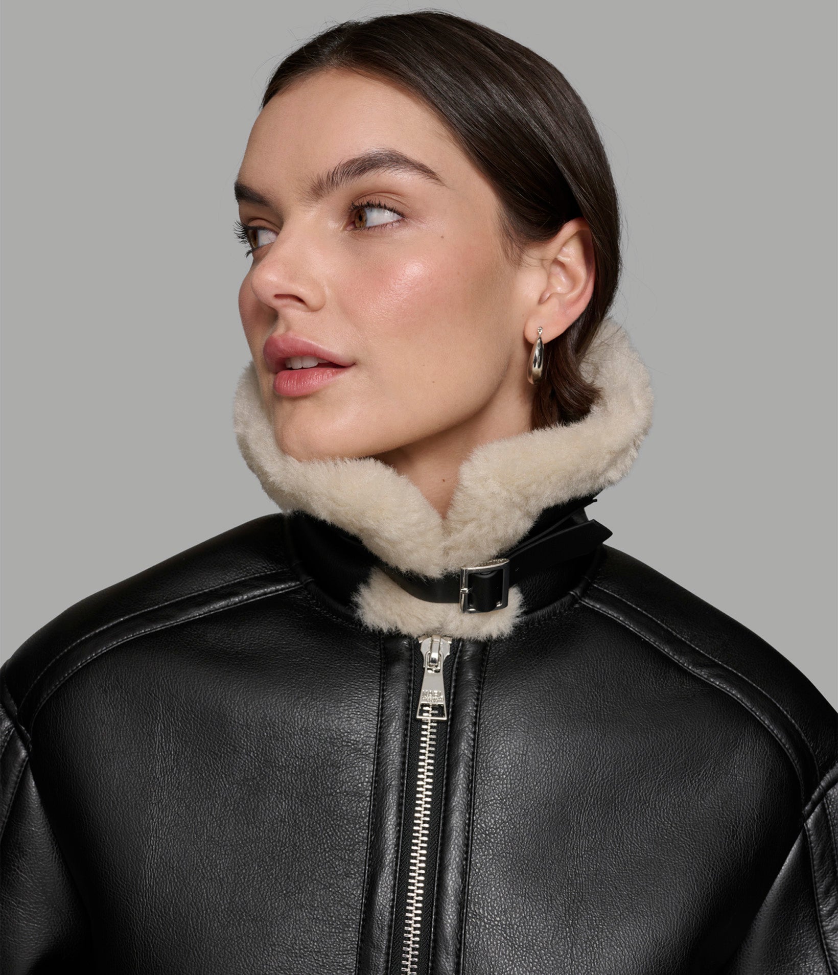 CROPPED FAUX LEATHER JACKET WITH FAUX SHEARLING