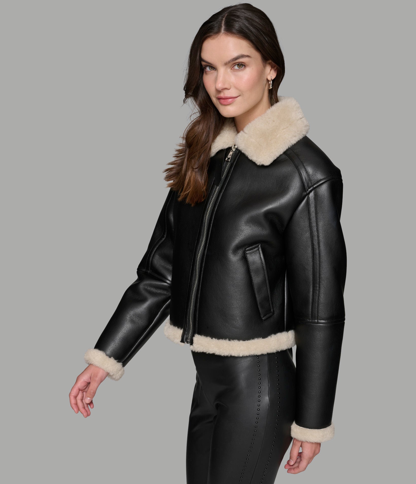 CROPPED FAUX LEATHER JACKET WITH FAUX SHEARLING