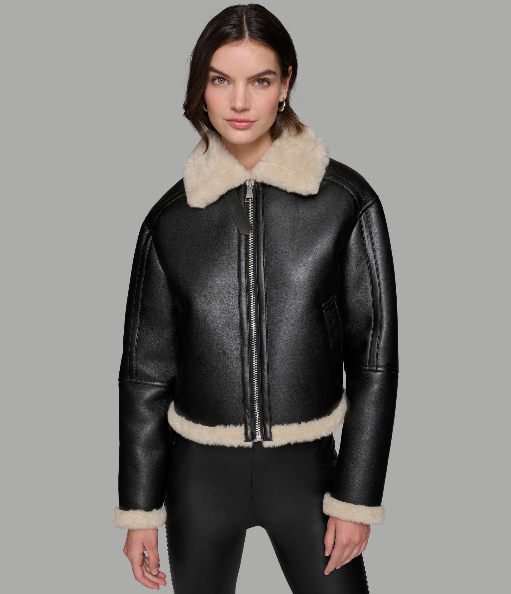 CROPPED FAUX LEATHER JACKET WITH FAUX SHEARLING