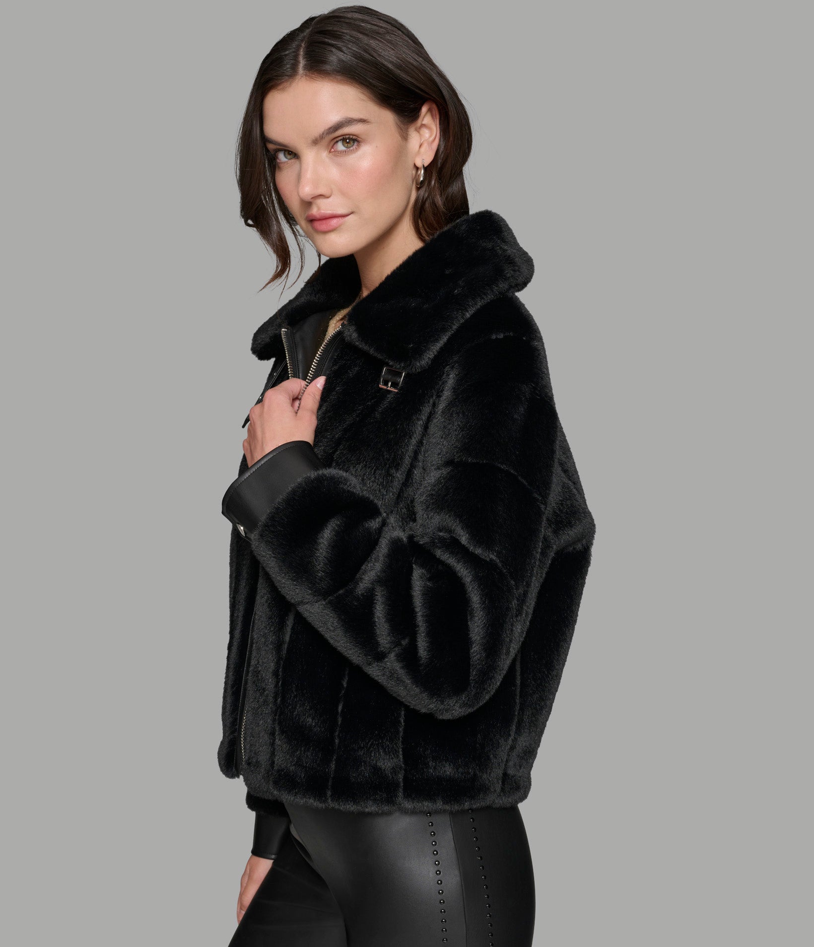 CHANNEL FAUX MINK AND PU BOMBER