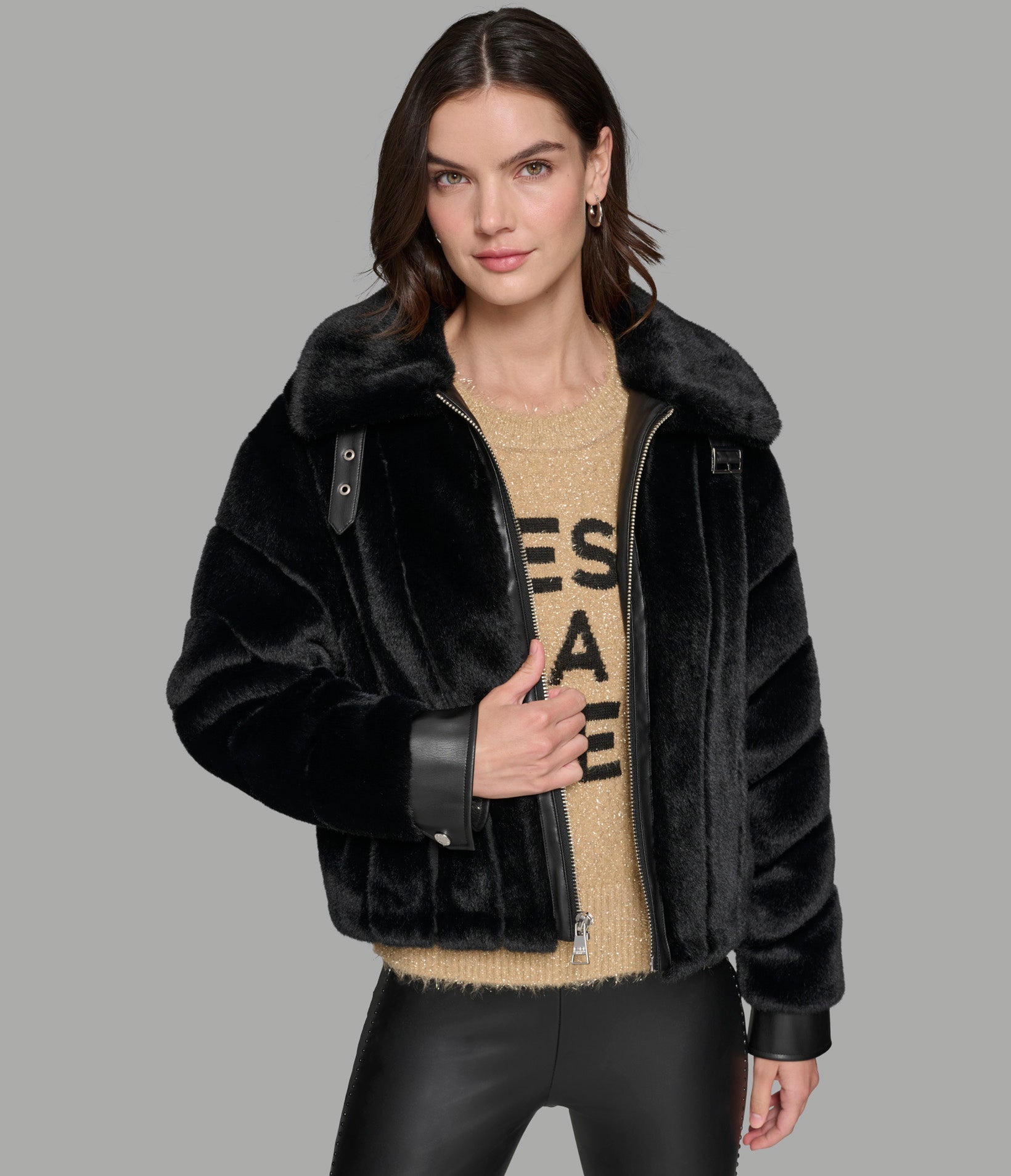 CHANNEL FAUX MINK AND PU BOMBER