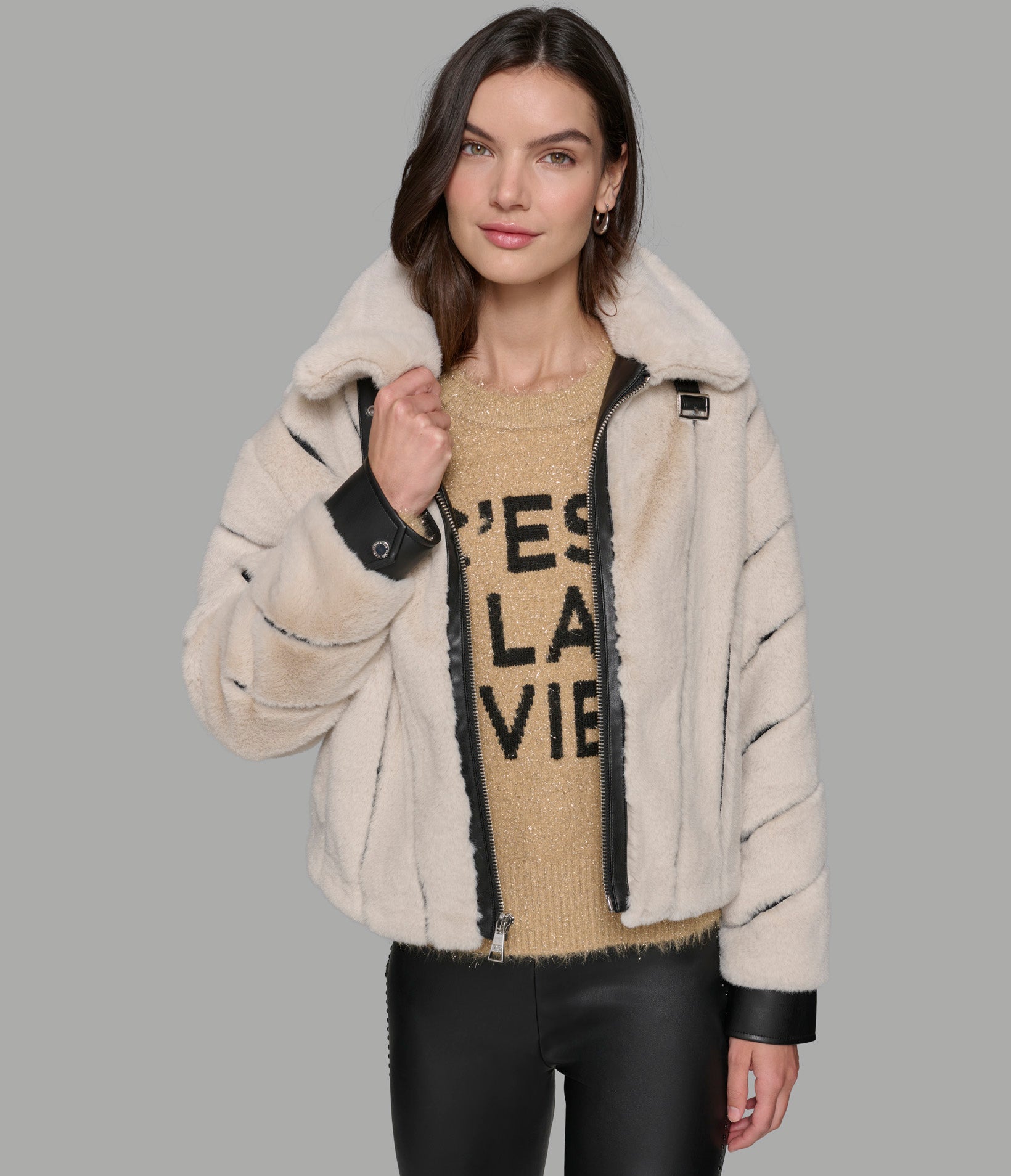 CHANNEL FAUX MINK AND PU BOMBER