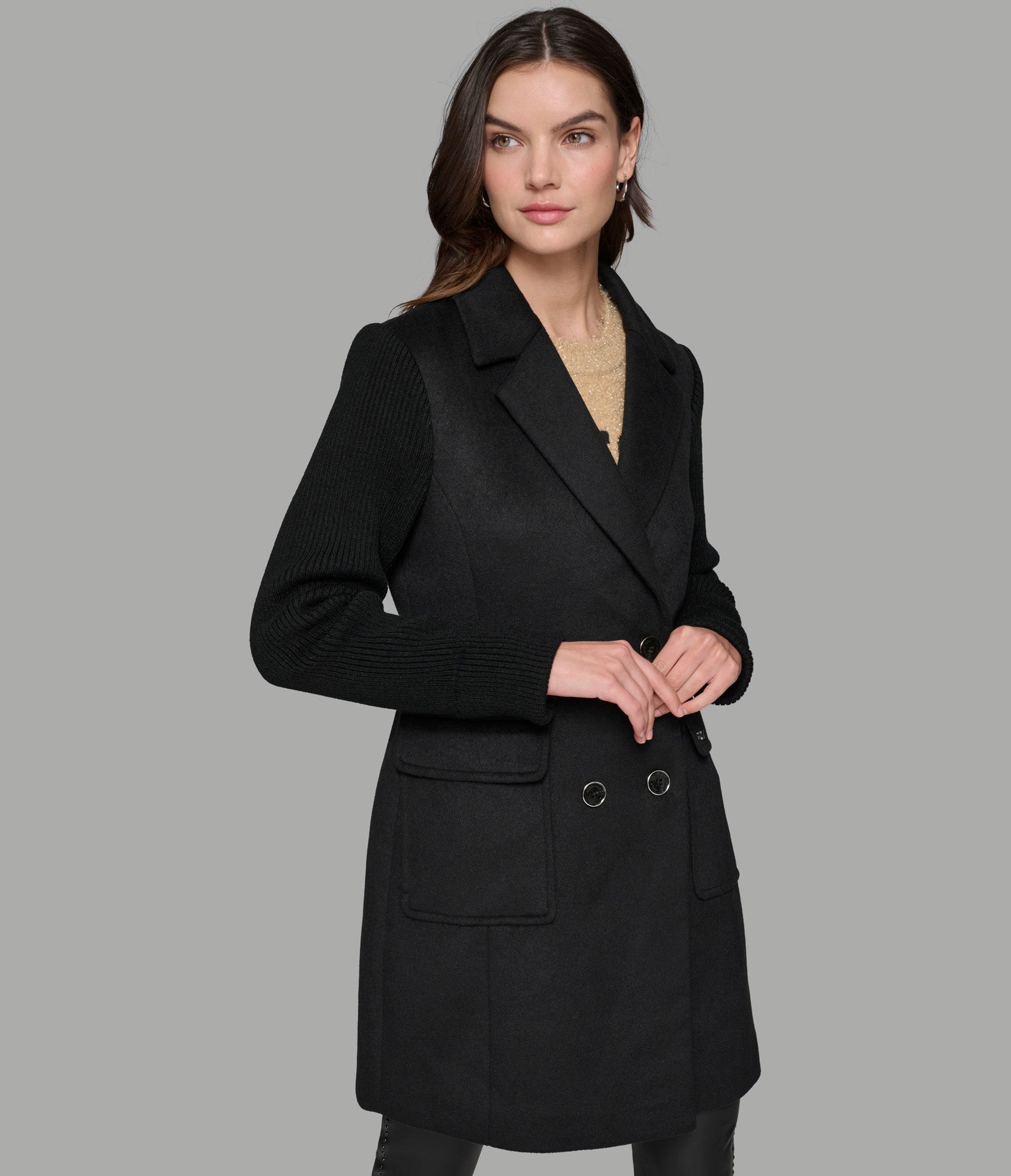 WOOL COAT WITH KNIT SLEEVES