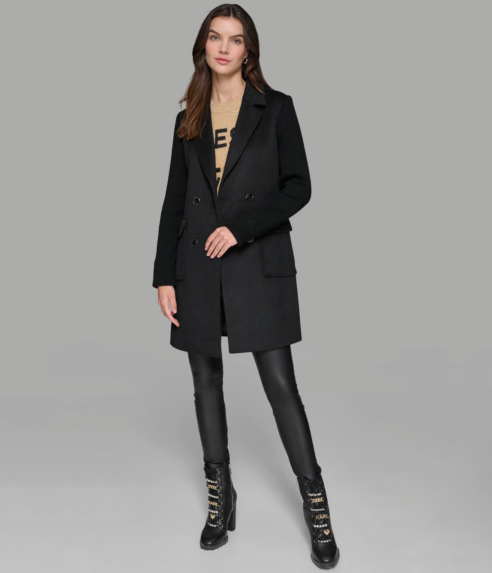 WOOL COAT WITH KNIT SLEEVES