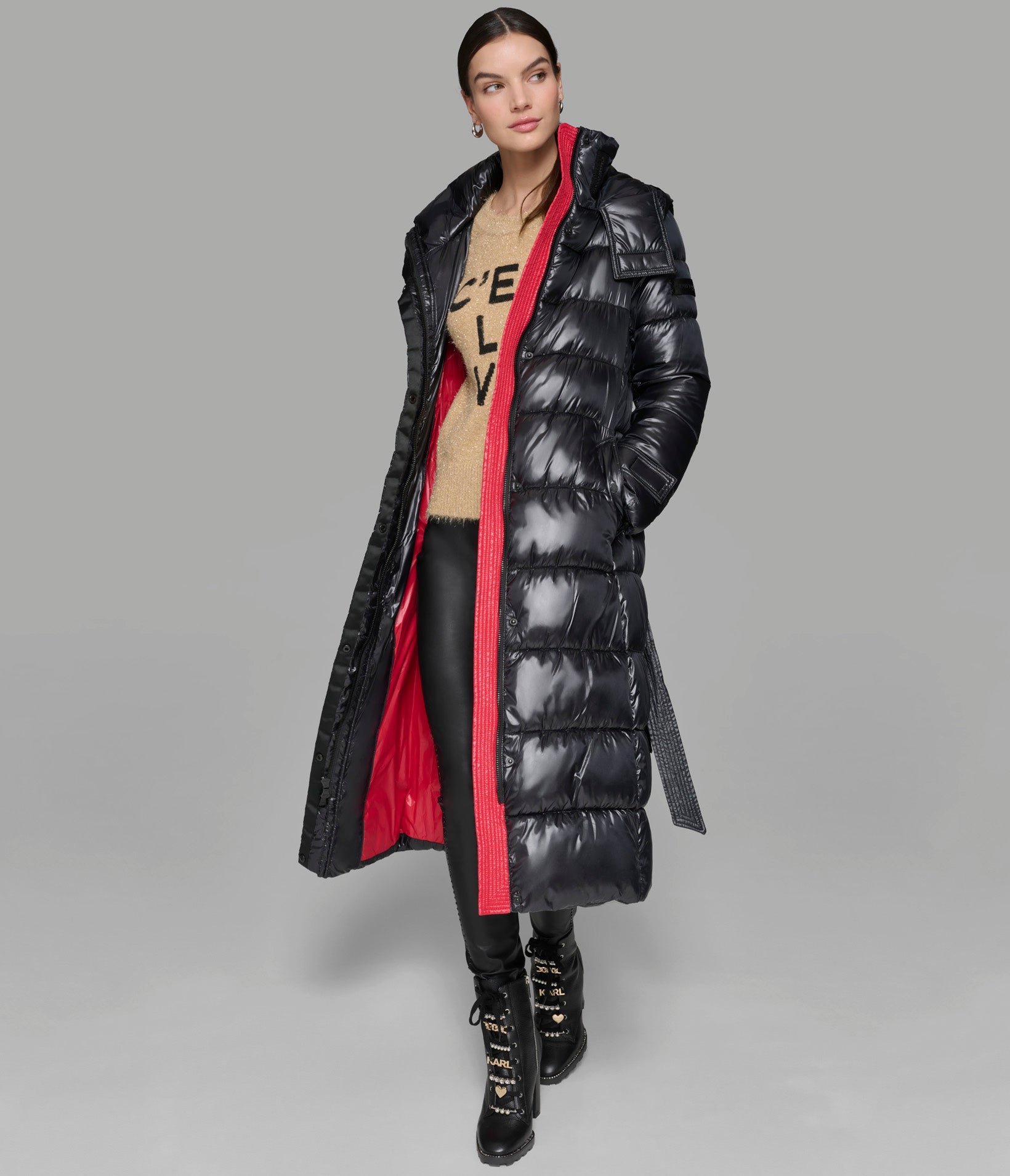 CONTRAST MAXI BELTED LONG PUFFER