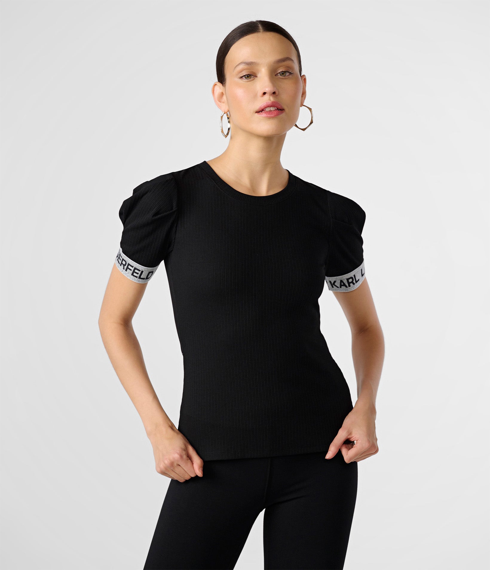 RIBBED PUFF LOGO SLEEVE TOP | Karl Lagerfeld Paris