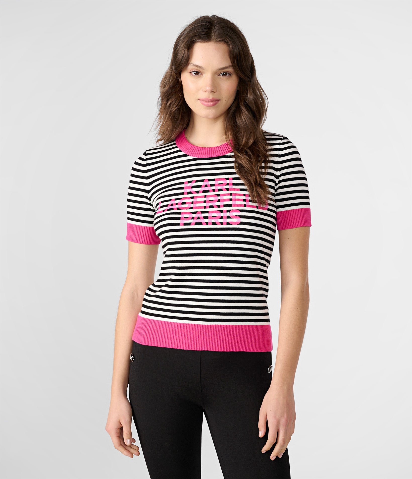 SHORT SLEEVE STRIPED LOGO SWEATER