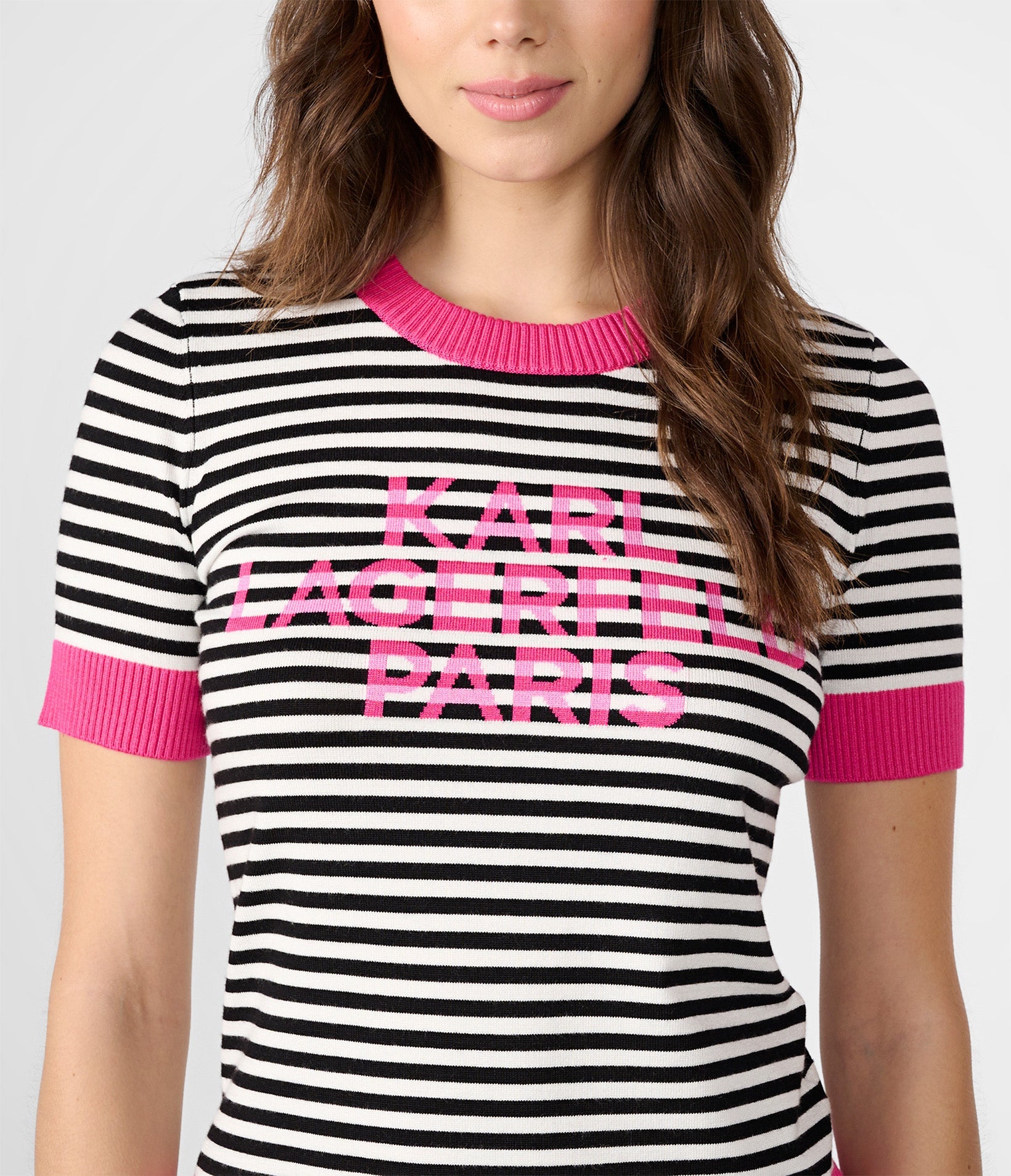 SHORT SLEEVE STRIPED LOGO SWEATER | Karl Lagerfeld Paris