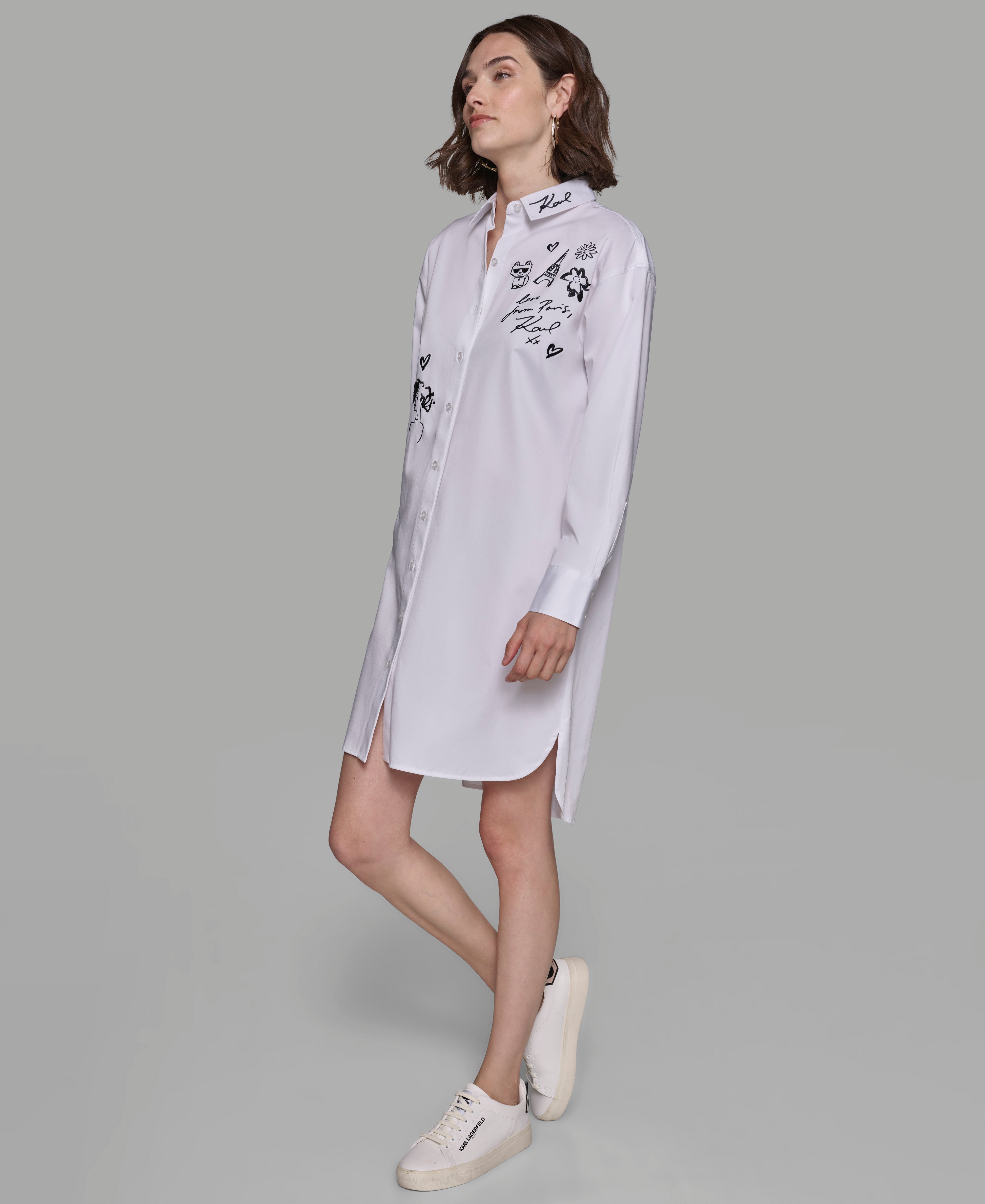 LONG SLEEVE WHIMSY WHITE SHIRT DRESS | Karl Lagerfeld Paris