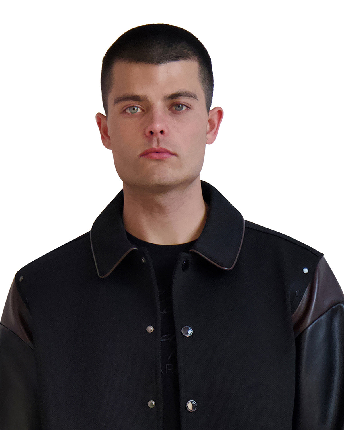 WOOL BOMBER JACKET WITH FAUX LEATHER SLEEVE