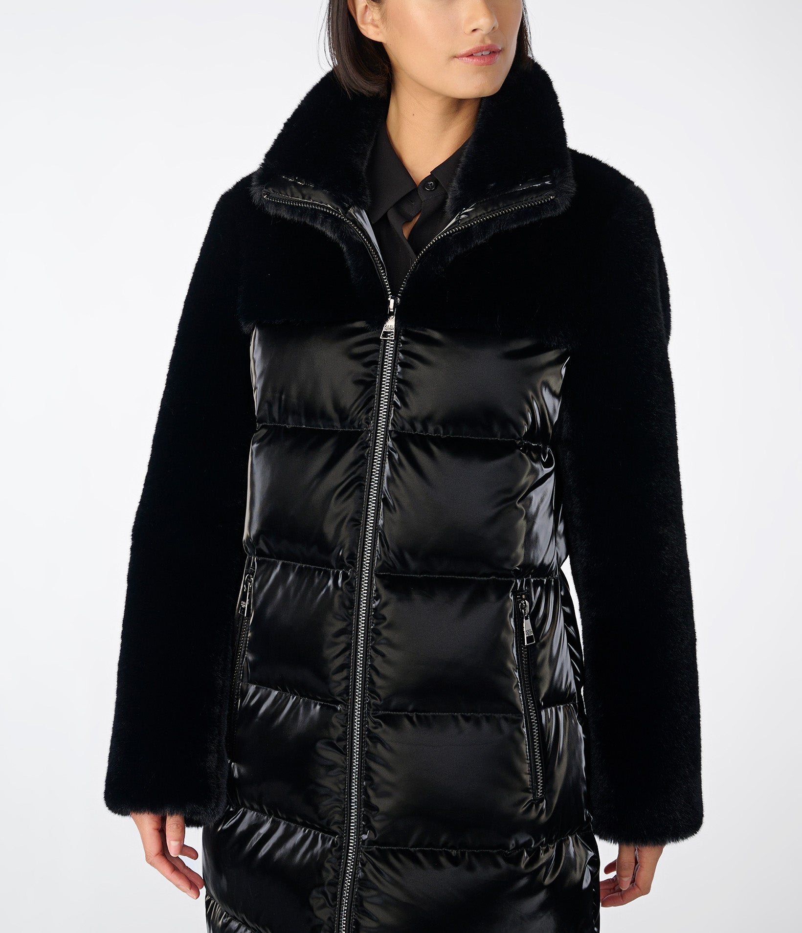 LONG GLOSSY FAUX FUR PUFFER