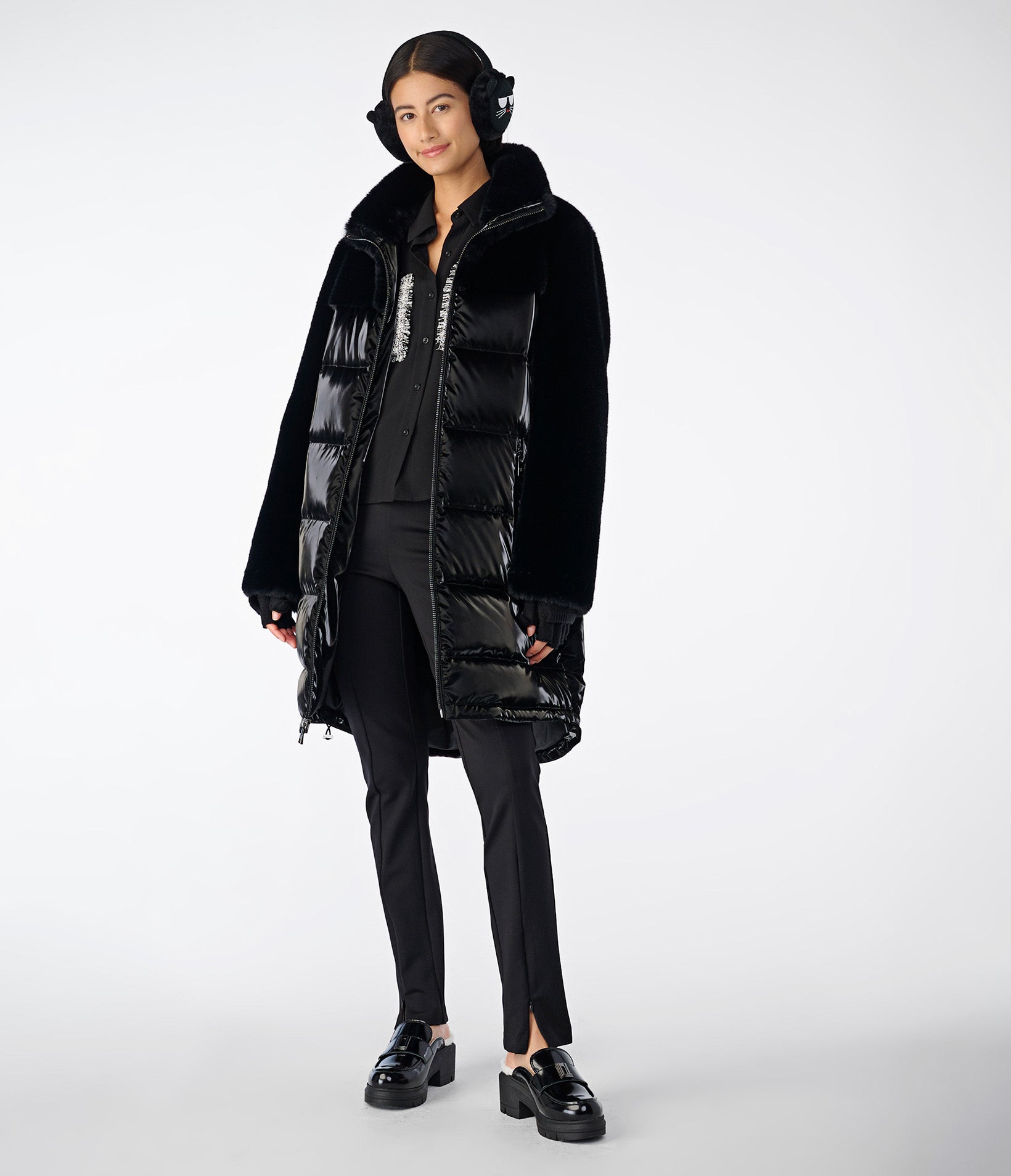 LONG GLOSSY FAUX FUR PUFFER